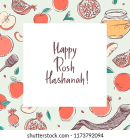 Happy Rosh Hashanah hand drawn vector card, frame, border, background, banner with traditional elements honey, apples, pomegranate and shofar horn, with handlettered sign 