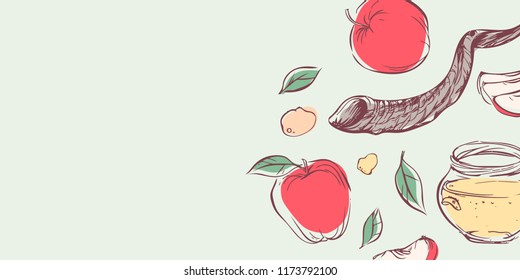 Happy Rosh Hashanah hand drawn vector card, frame, border, background, banner with traditional elements honey, apples, leaves and shofar horn