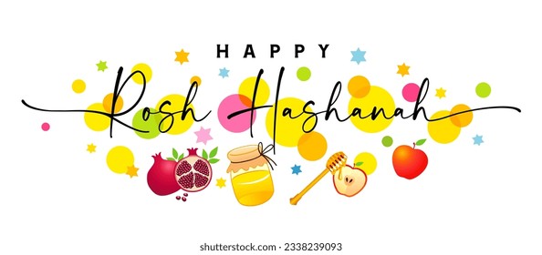 Happy Rosh Hashanah hand drawn lettering with colored circle, apple and pomegranate. Jewish holiday. Happy new year in Hebrew. Template for invitation card, poster, banner. Vector illustration