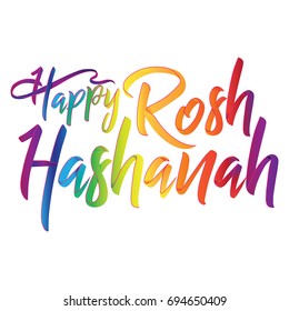 Happy Rosh Hashanah hand drawn lettering vector in gradient style. Typographic design felicitation in fashion style. Usable as greeting cards, posters, clothing, t-shirt. Isolated on white background.