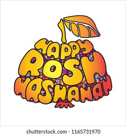 Happy Rosh Hashanah handwritten lettering. Apple Retro label. Lettering composition. Jewish holiday Rosh Hashanah design elements. Vector illustration isolated on wight background.