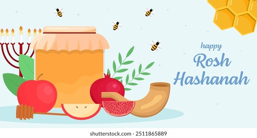 ilustração de banner horizontal de rosh hashanah feliz