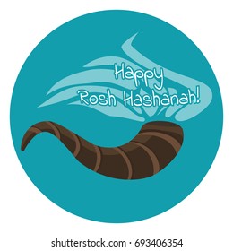 Happy Rosh Hashanah horn symbol with congratulation text, Jewish holiday Shana Tova sign with brown horn and congratulate inscription