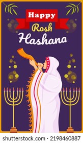 Happy Rosh Hashanah, Jewish man blowing traditional Shofar. Suitable for events