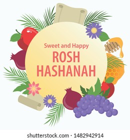 Happy Rosh Hashanah Jewish New Year Holiday decorative symbol greeting card.