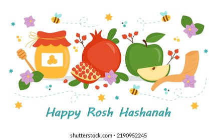 Happy Rosh Hashanah. Jewish New Year. Greeting card design with pomegranate, apple and honey. Vector illustration