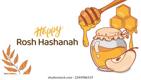 Happy Rosh Hashanah, Jewish New Year Holiday Greeting card or banner template. Honey Jar, apple and honey combs symbols of traditional jewish New Year