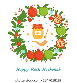 Happy Rosh Hashanah. Jüdisches Neujahr. Granatapfelfrüchte, Äpfel, Honiggläser, Blumen und Blätter. Vektorgrafik