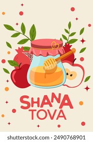 Happy Rosh Hashanah, Jewish New Year Holiday Greeting card or banner template. Honey Jar, apple and honey combs symbols of traditional jewish New Year