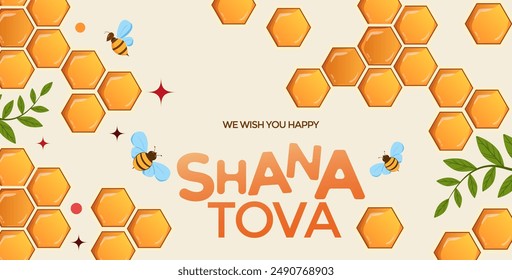 Happy Rosh Hashanah, Jewish New Year Holiday Greeting card or banner template. Honey Jar, apple and honey combs symbols of traditional jewish New Year