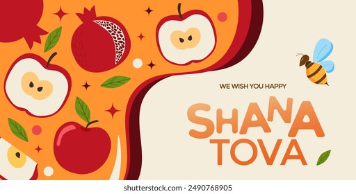 Happy Rosh Hashanah, Jewish New Year Holiday Greeting card or banner template. Honey Jar, apple and honey combs symbols of traditional jewish New Year