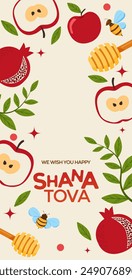 Happy Rosh Hashanah, Jewish New Year Holiday Greeting card or banner template. Honey Jar, apple and honey combs symbols of traditional jewish New Year