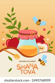 Happy Rosh Hashanah, Jewish New Year Holiday Greeting card or banner template. Honey Jar, apple and honey combs symbols of traditional jewish New Year