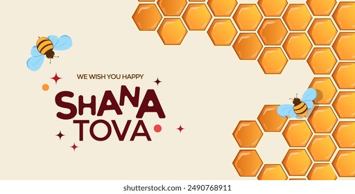 Happy Rosh Hashanah, Jewish New Year Holiday Greeting card or banner template. Honey Jar, apple and honey combs symbols of traditional jewish New Year