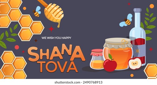 Happy Rosh Hashanah, Jewish New Year Holiday Greeting card or banner template. Honey Jar, apple and honey combs symbols of traditional jewish New Year