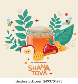 Happy Rosh Hashanah, Jewish New Year Holiday Greeting card or banner template. Honey Jar, apple and honey combs symbols of traditional jewish New Year