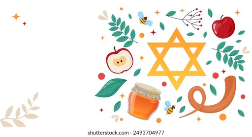 Happy Rosh Hashanah, Jewish New Year Holiday Greeting card or banner template. Honey Jar, apple and honey combs symbols of traditional jewish New Year