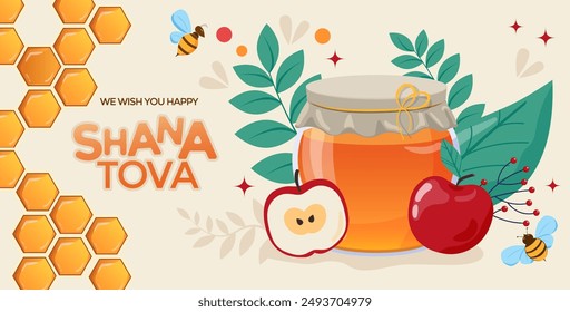 Happy Rosh Hashanah, Jewish New Year Holiday Greeting card or banner template. Honey Jar, apple and honey combs symbols of traditional jewish New Year