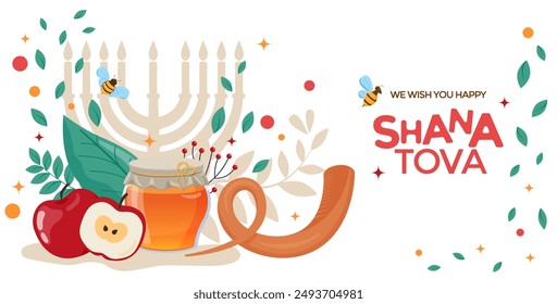 Happy Rosh Hashanah, jüdische Neue Jahr Festliche Musik Grußkarte oder Banner Vorlage. Honigglas, Apfel und Honigwaben Symbole des traditionellen jüdischen Neuen Jahres