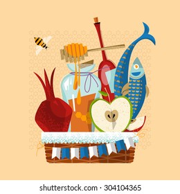 Happy Rosh Hashanah. Jewish New Year. Gift basket: pomegranate, apple, honey, fish, bottle of wine. Vector illustration