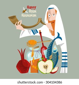 Happy Rosh Hashanah. Jüdisches Neujahr. Der orthodoxe jüdische Mann hält sich in der Luft. Granatapfel, Apfel, Honig, Fisch, Wein. Vektorgrafik