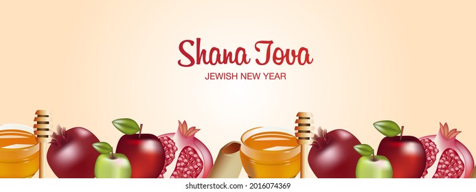 Feliz Rosh Hashanah texto judío "Shana Tova" festividad del Año Nuevo judío. Torah, Honey y Apple, Shofar, Pomegranate, Star of David, Rosh Hashanah son símbolos tradicionales del Año Nuevo Judío