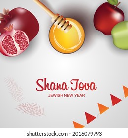 Happy Rosh Hashanah Jewish text "Shana Tova" Jewish New Year holiday. Torah, Honey and Apple, Shofar, Pomegranate, Star of David, Rosh Hashanah are traditional symbols of the Jewish New Year