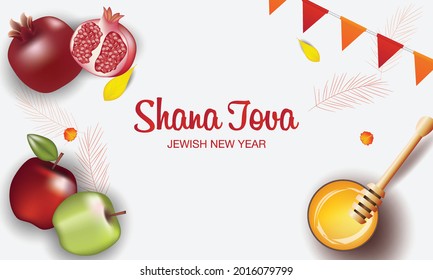 Happy Rosh Hashanah Jewish text "Shana Tova" Jewish New Year holiday. Torah, Honey and Apple, Shofar, Pomegranate, Star of David, Rosh Hashanah are traditional symbols of the Jewish New Year