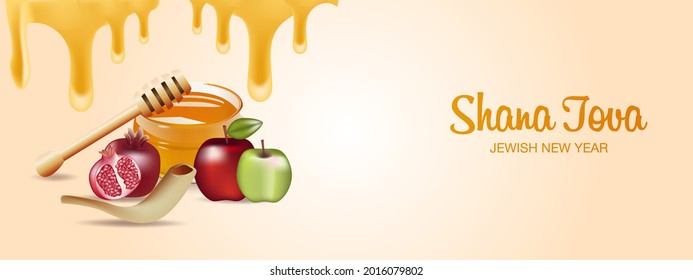 Happy Rosh Hashanah Jewish text "Shana Tova" Jewish New Year holiday. Torah, Honey and Apple, Shofar, Pomegranate, Star of David, Rosh Hashanah are traditional symbols of the Jewish New Year