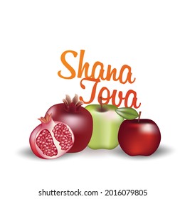 Happy Rosh Hashanah Jewish text "Shana Tova" Jewish New Year holiday. Torah, Honey and Apple, Shofar, Pomegranate, Star of David, Rosh Hashanah are traditional symbols of the Jewish New Year