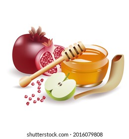Happy Rosh Hashanah Jewish text "Shana Tova" Jewish New Year holiday. Torah, Honey and Apple, Shofar, Pomegranate, Star of David, Rosh Hashanah are traditional symbols of the Jewish New Year
