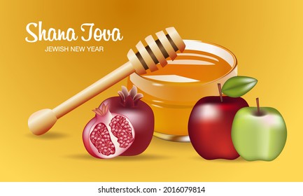 Happy Rosh Hashanah Jewish text "Shana Tova" Jewish New Year holiday. Torah, Honey and Apple, Shofar, Pomegranate, Star of David, Rosh Hashanah are traditional symbols of the Jewish New Year