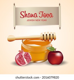 Happy Rosh Hashanah Jewish text "Shana Tova" Jewish New Year holiday. Torah, Honey and Apple, Shofar, Pomegranate, Star of David, Rosh Hashanah are traditional symbols of the Jewish New Year