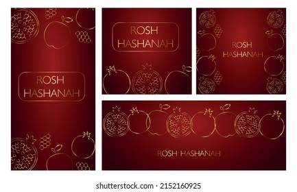 Happy Rosh Hashanah Jewish text "Shana Tova" Jewish New Year holiday. Torah, Honey and Apple, Shofar, Pomegranate. Gold