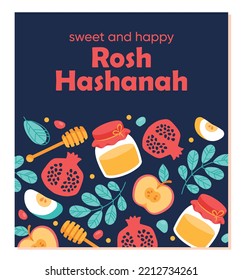 Happy Rosh Hashanah. Natürliche und ökologische Erzeugnisse, Honig, Granatapfel und Apfel. Traditionen und Kulturen, ethnische Zugehörigkeit. Feiertag, Festival und Veranstaltung. Poster oder Banner. Cartoon-Flavektor-Vektorgrafik