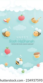 Happy Rosh Hashanah papercut style.Instagram Story. Vector illustration