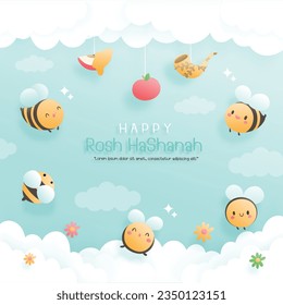 Happy Rosh Hashanah papercut style.Instagram post. Vector illustration