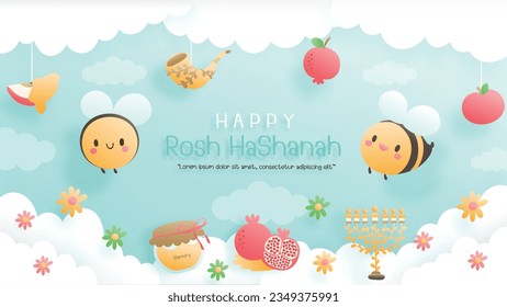 Happy Rosh Hashanah papercut style.Presentation. Vector illustration