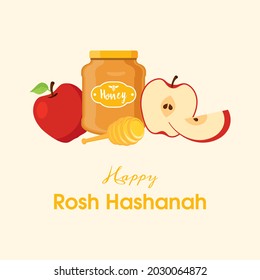 Happy Rosh Hashanah Poster with apple and honey icon vector. Jar of honey, red apples and honey dipper stick vector. Jewish New Year Poster. Important day