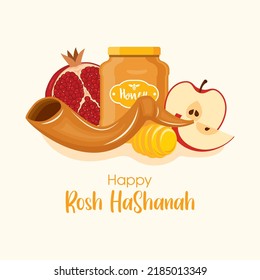 Afiche feliz Rosh Hashanah con shofar, vectores de frutas y miel. Horno de shofar, tarro de miel, granada y manzanas, vector. Elemento de diseño de Año Nuevo judío. Día importante