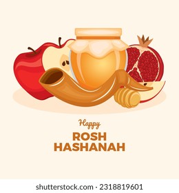 Happy Rosh Hashanah poster with shofar, apple and honey vector illustration. Shofar horn, jar of honey, pomegranate and apples still life vector. Jewish New Year design element. Important day