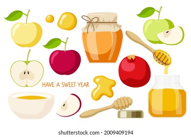 Happy Rosh Hashanah set. Apple fruit, honey, pomegranate. Jewish New Year Holiday. Shana Tova vector elements isolated on white for card, border, banner, invitations. Collection for Holiday Designs