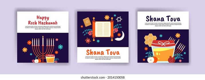 Happy rosh hashanah. Shana tova. Vector banners for social media posts, postcards, greeting cards, and posters.