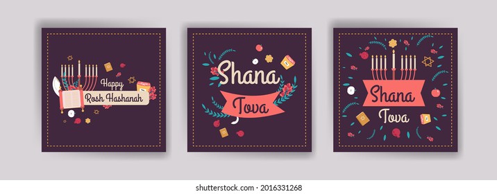 Happy rosh hashanah. Shana tova. Vector banners for social media posts, postcards, greeting cards, and posters.