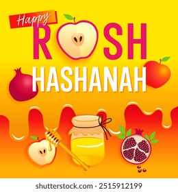 Happy Rosh Hashanah, Shana Tova greeting card with pomegranate, honey and apple. Celebrate Jewish New Year 2024 with joy and warmth. Vector illustration for banners or web post design