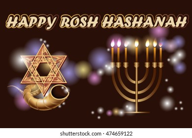 Happy Rosh Hashanah. Shana Tova. Happy New Year on hebrew. Happy Rosh Hashanah card. Dark background with Shone spheres. Vector illustration