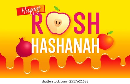 Happy Rosh Hashanah vector design with typography pomegranate apple and honey. Celebrate Jewish New Year with joy and warmth. Vector illustration