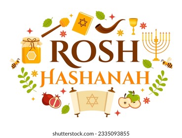 Happy Rosh Hashanah Vector Illustration of Jewish New Year Holiday with Apple, Pomegranate, Honey and Bee in Flat Cartoon Hand Drawn Templates