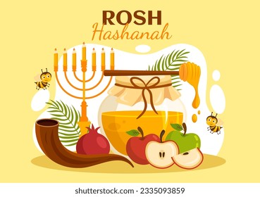 Happy Rosh Hashanah Vector Ilustración de vacaciones judías de Año Nuevo con Apple, granada, miel y abeja en caricaturas planas con plantillas dibujadas a mano