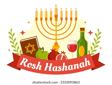 Happy Rosh Hashanah Vector Illustration of Jewish New Year Holiday with Apple, Pomegranate, Honey and Bee in Flat Cartoon Hand Drawn Templates